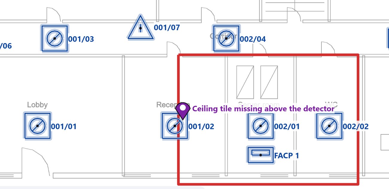A high-priority area drawn in red around reception and the server room