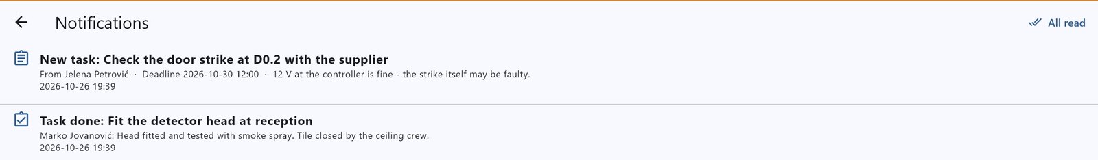 Notifications: a new task from Jelena Petrović, and 'Task done: Fit the detector head at reception' from Marko Jovanović with his note