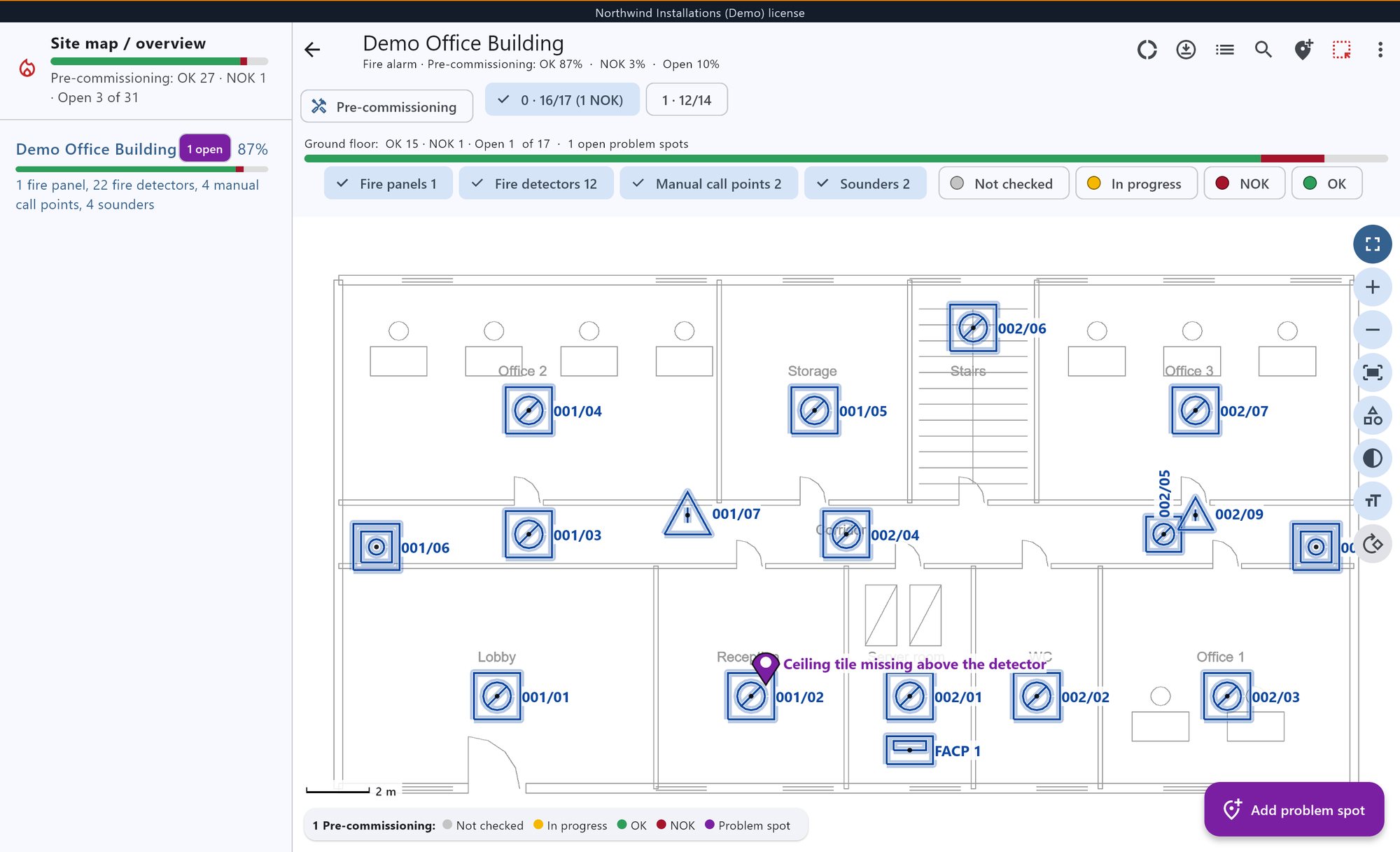 Allsafe on a PC: the fire alarm devices of an office floor on its plan, with a problem spot by reception