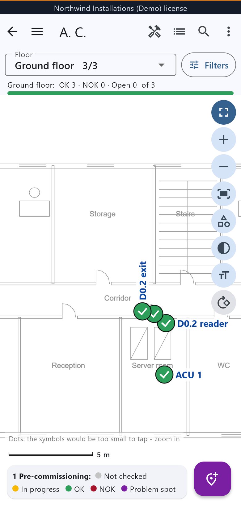 Access control doors on a phone: readers, exit buttons and the controller, all checked