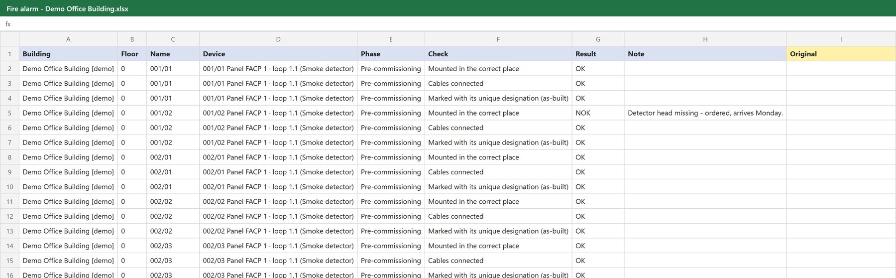 Excel report: every check of every device, with its result and note